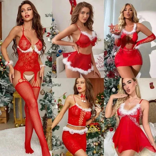 Christmas Lingerie Sexy Hot Erotic Underwear Women Mini Transparent Nightdress Porno Cosplay Costumes Lace Babydoll Sleepwear